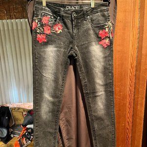 Grace in LA Floral Embroidered Black Jeans